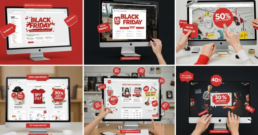 Como Aproveitar a Black Friday no AliExpress e Garantir Descontos Reais: Uma composição de seis painéis que mostram pessoas interagindo com computadores Apple. As telas exibem a marca "Black Friday" e oferecem descontos em vários produtos. Algumas das telas mostram itens como uma camiseta, eletrônicos, móveis e outros produtos. As pessoas nas imagens parecem estar ativamente navegando ou editando conteúdo nas telas. Balões de texto com porcentagens de desconto e palavras como "Black Friday" e "cupom" estão espalhados pelas telas e flutuam ao redor. O cenário geral é de compras online e promoções de "Black Friday".