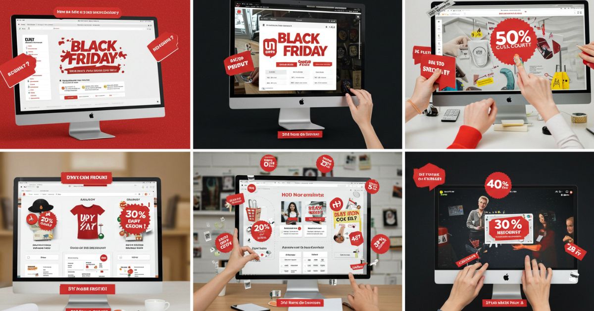 Como Aproveitar a Black Friday no AliExpress e Garantir Descontos Reais: Uma composição de seis painéis que mostram pessoas interagindo com computadores Apple. As telas exibem a marca "Black Friday" e oferecem descontos em vários produtos. Algumas das telas mostram itens como uma camiseta, eletrônicos, móveis e outros produtos. As pessoas nas imagens parecem estar ativamente navegando ou editando conteúdo nas telas. Balões de texto com porcentagens de desconto e palavras como "Black Friday" e "cupom" estão espalhados pelas telas e flutuam ao redor. O cenário geral é de compras online e promoções de "Black Friday".